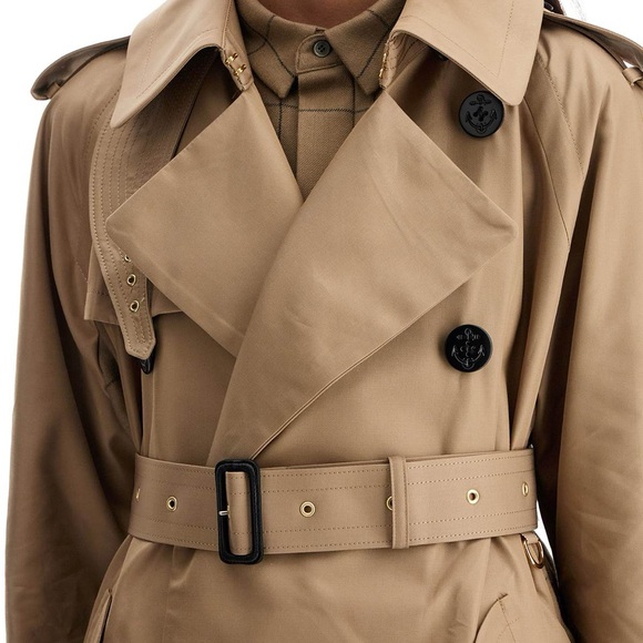 FW24 Sacai Windowpane Gabardine Cotton & Wool Double Breasted Khaki Trench Coat - Picture 7 of 7